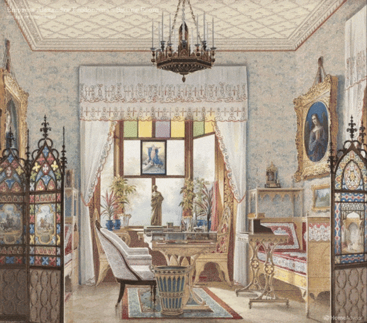 Real-life version of Eduard Petrovich Hau’s ‘Empress Alexandra Feodorovna’s Sitting Room, Cottage Palace, St. Petersburg, Russia’