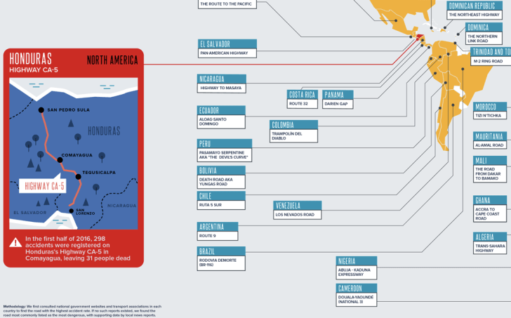 Carte des routes les plus dangereuses de chaque pays.