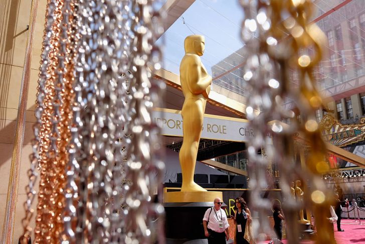 The Oscar statuette is displayed on the red carpet during the 88th Annual Academy Awards at Hollywood & Highland Center on February 28, 2016 in Hollywood, California