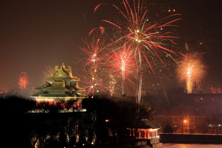 fireworks over Beijing's Forbidden City