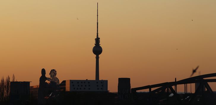 Berlin's landmark TV tower (the Fernsehturm) is pictured at sundown.