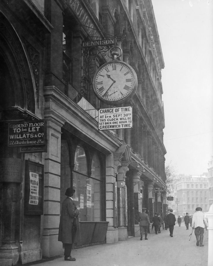 A Greenwich Mean Time notice in 1916 informs the British public of a change in time as clocks go back an hour during the first year of the daylight saving scheme.