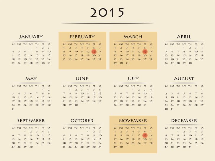 Calendar of 2015 with three Friday the 13ths