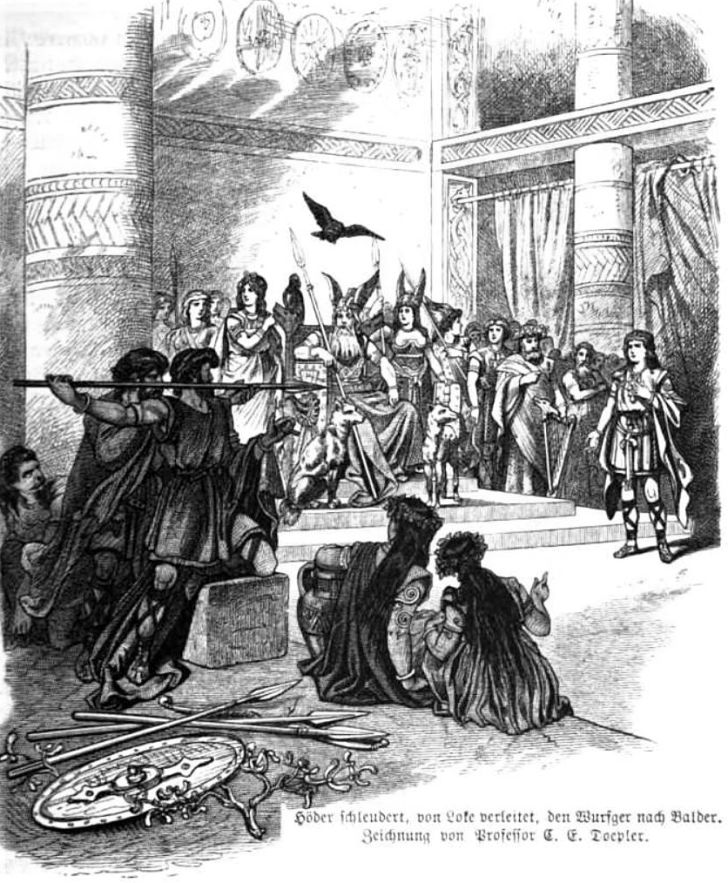 Guided by Loki, Höðr shoots the mistletoe at Baldr.