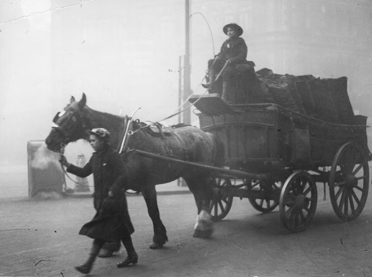 Women coal heavers driving a horse-driven cart loaded with sacks of coal during the First World War.