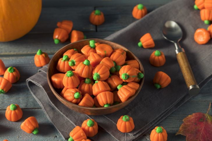Bowl of candy pumpkins.