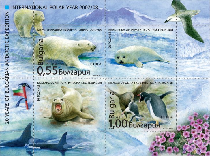 A Bulgarian stamp set featuring a polar bear, a seal, penguins, and a walrus.