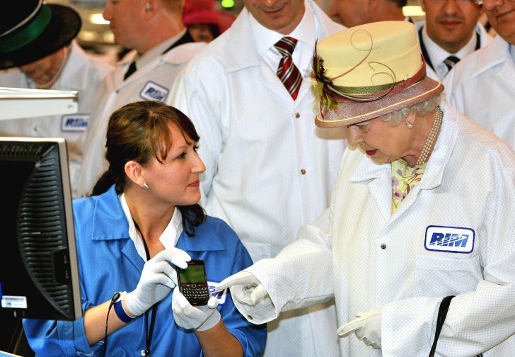 Queen Elizabeth II tours a Canadian Blackberry factory in 2010.