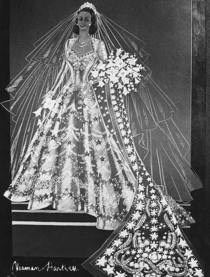 a 1947 sketch of princess elizabeth's wedding dress by norman