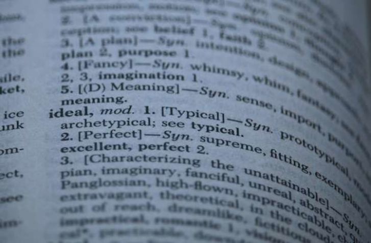 Close-up of the term 'ideal' in a thesaurus.