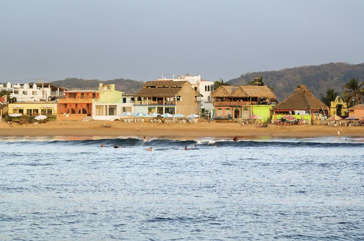 A view from offshore of a beach in Barra de Navidad, Mexico.