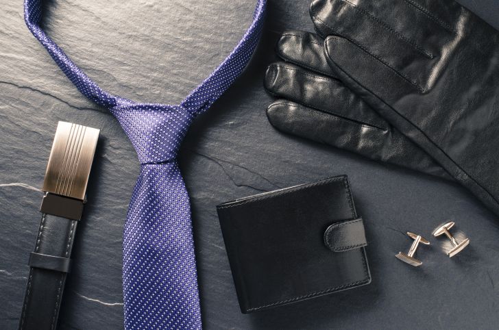 tie, wallet, cufflinks, belt, and gloves