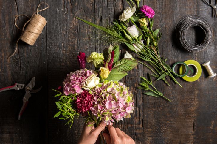 Florist preparing flowers