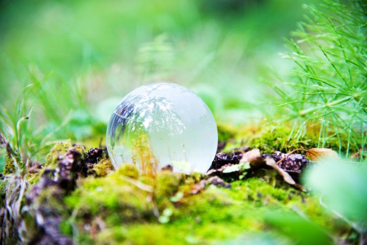 A translucent globe sits in a field