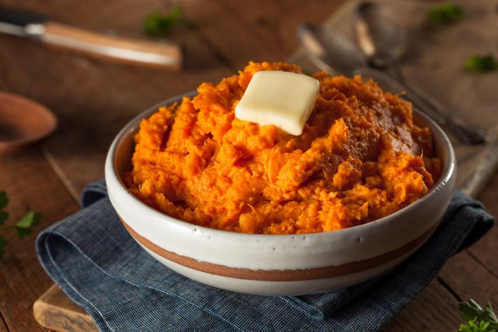 Bowl of mashed sweet potatoes.