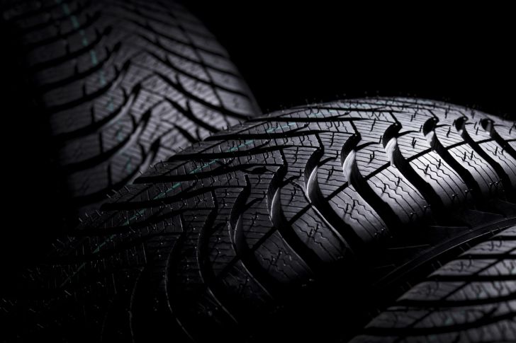 A close-up view of three tires.