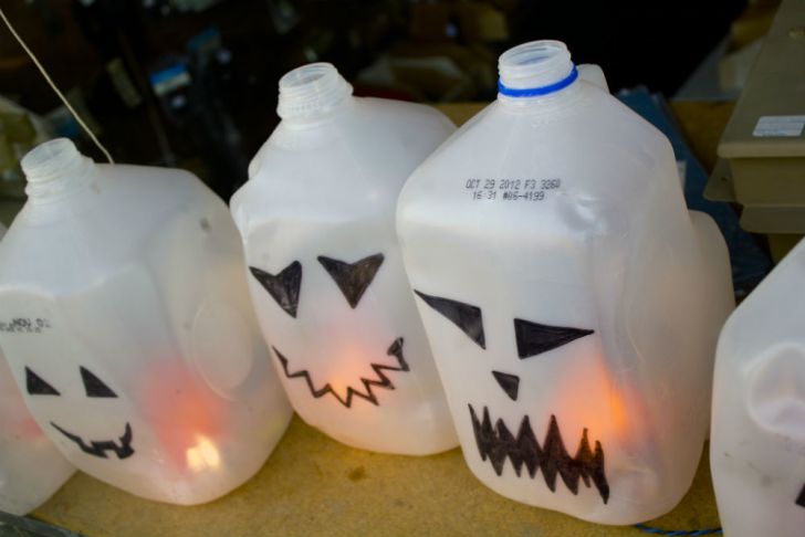 Milk jugs are used for Halloween decorations