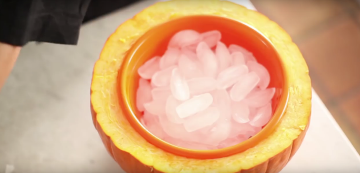 A pumpkin is full of ice