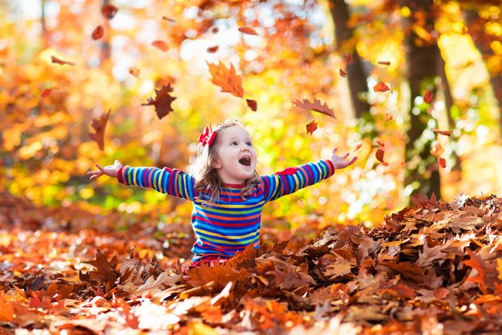 A little girl playing in a pile of autumn leaves