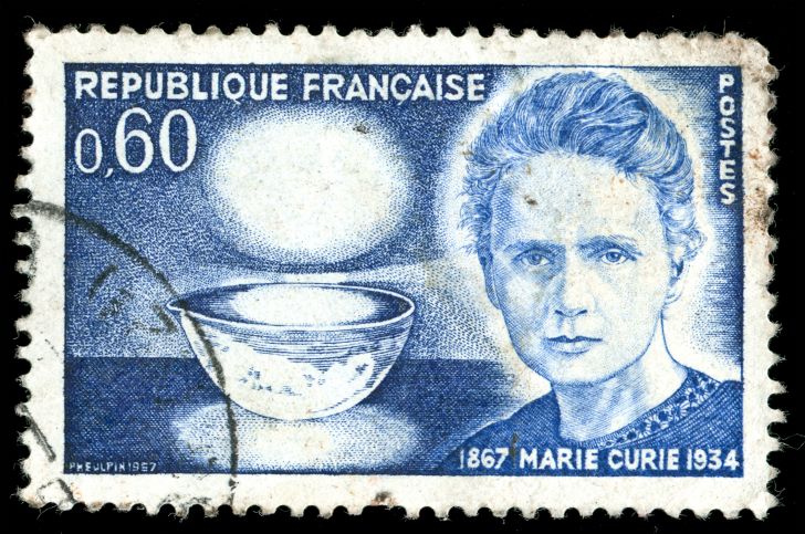 A postage stamp featuring Marie Curie's likeness from France. A postage stamp featuring Marie Curie's likeness from France.