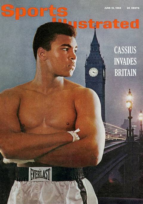 SI cover, June 10, 1963: "Cassius Invades Britain." A shirtless young Cassius Clay, arms crossed, in white Everlast trunks, stands before Big Ben and Westminster Bridge at dusk.