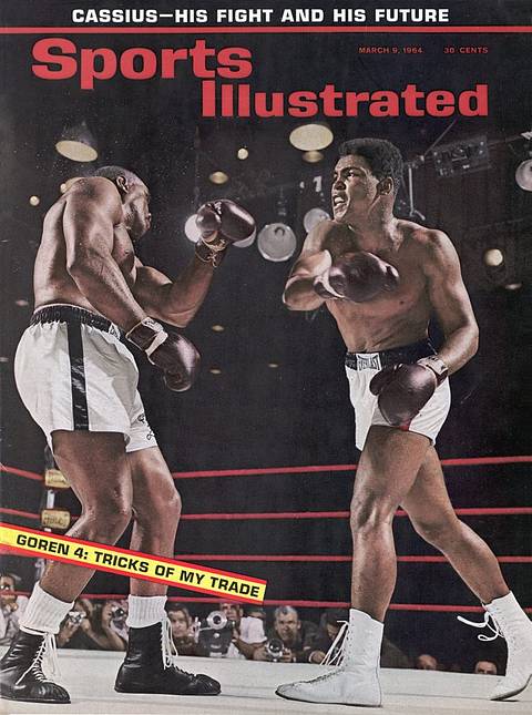 SI cover, March 9, 1964: "Cassius—His Fight and His Future." Cassius Clay throws a punch at Sonny Liston during their heavyweight title fight, with photographers lined up along the ring apron.