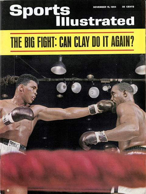 SI cover, November 16, 1964: "The Big Fight: Can Clay Do It Again?" Cassius Clay lands a long left jab on Sonny Liston's face under the arena lights, a red ring rope blurred in the foreground.