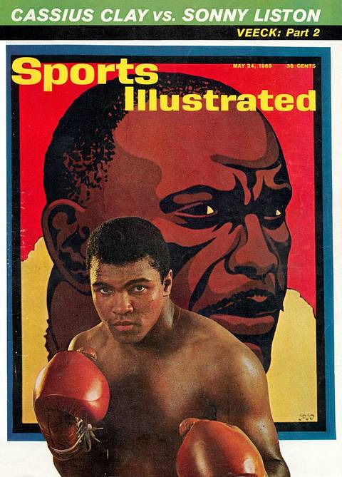 SI cover, May 24, 1965: "Cassius Clay vs. Sonny Liston." A shirtless Clay in red gloves poses in a fighting stance in front of a large stylized painting of Liston's face.