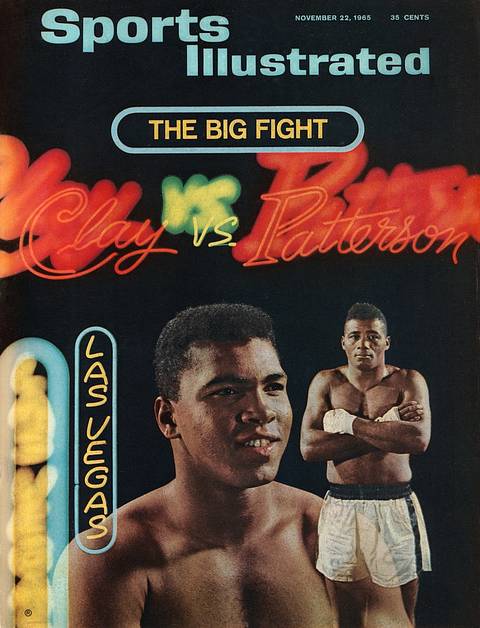 SI cover, November 22, 1965: "The Big Fight." Neon signs reading "Clay vs. Patterson" and "Las Vegas" glow above a smiling Clay and Floyd Patterson, who stands with arms crossed.