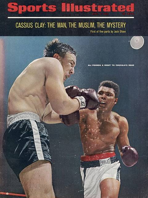 SI cover, April 11, 1966: "Cassius Clay: The Man, the Muslim, the Mystery." Ali pounds a right to George Chuvalo's head as sweat sprays in the ring.