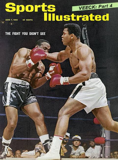 SI cover, June 7, 1965: "The Fight You Didn't See." Muhammad Ali lands a right to the head of Sonny Liston, who covers up, as ringside photographers look on.
