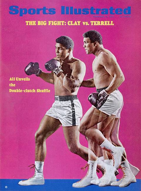 SI cover, Feb. 6, 1967: "The Big Fight: Clay vs. Terrell." A multiple-exposure image of Ali in white trunks moving across a hot-pink background, captioned "Ali Unveils the Double-clutch Shuffle."