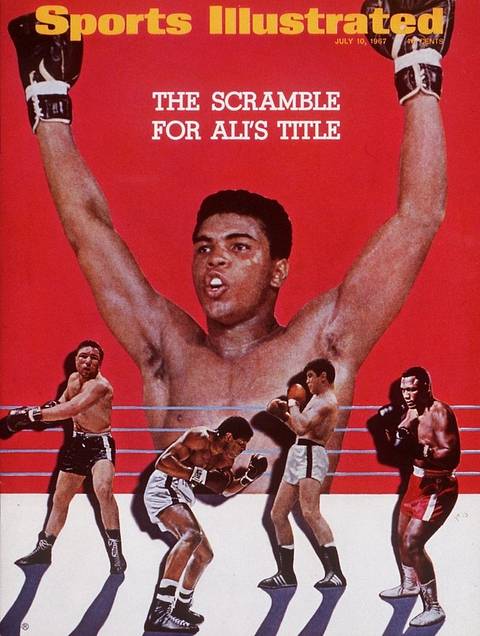 SI cover, July 10, 1967: "The Scramble for Ali's Title." Ali raises both gloved fists against a red background above four heavyweight contenders posed in a boxing ring.