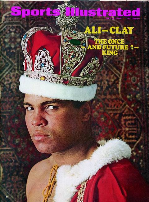 SI cover, May 5, 1969: "Ali–Clay: The Once—and Future?—King." Ali wears a jeweled gold crown and an ermine-trimmed red robe in front of an ornate patterned rug.