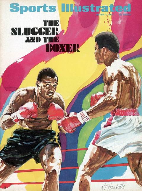 SI cover, March 1, 1971: "The Slugger and the Boxer." A colorful painting of Joe Frazier and Ali squaring off in the ring against swirls of pink, yellow and blue.