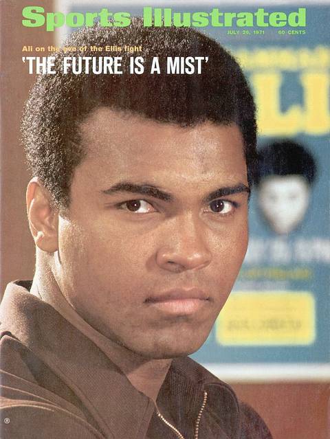SI cover, July 26, 1971: "Ali on the eve of the Ellis fight: 'The Future Is a Mist.'" A close-up portrait of Ali in a brown jacket staring into the camera, a fight poster blurred behind him.