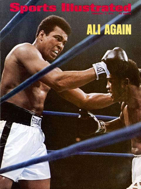 SI cover, February 4, 1974: "Ali Again." Ali, in white Everlast trunks, lands a long left on Joe Frazier through the blue ring ropes.