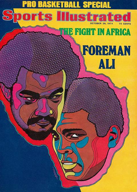 SI cover, Oct. 28, 1974: "The Fight in Africa: Foreman, Ali." A psychedelic illustration of George Foreman's and Ali's faces set inside the outline of the African continent.