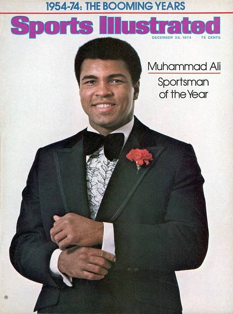 SI cover, Dec. 23, 1974: "Muhammad Ali, Sportsman of the Year." A smiling Ali in a black tuxedo, ruffled shirt and red carnation adjusts his cuff.