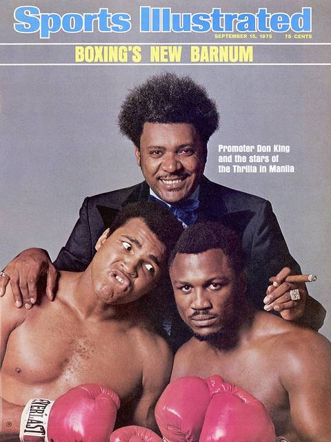 SI cover, Sept. 15, 1975: "Boxing's New Barnum." Promoter Don King, holding a cigar, poses behind Ali and Joe Frazier in boxing gloves, "the stars of the Thrilla in Manila."