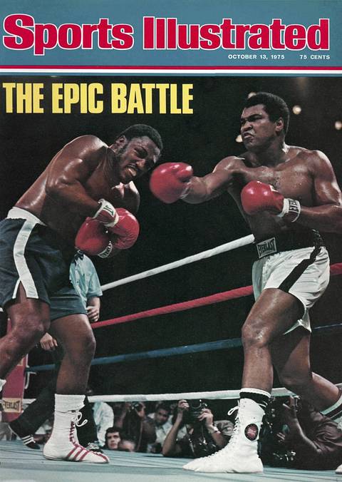 SI cover, October 13, 1975: "The Epic Battle." Ali lands a left on Joe Frazier during their fight in Manila, photographers crowded at ringside.