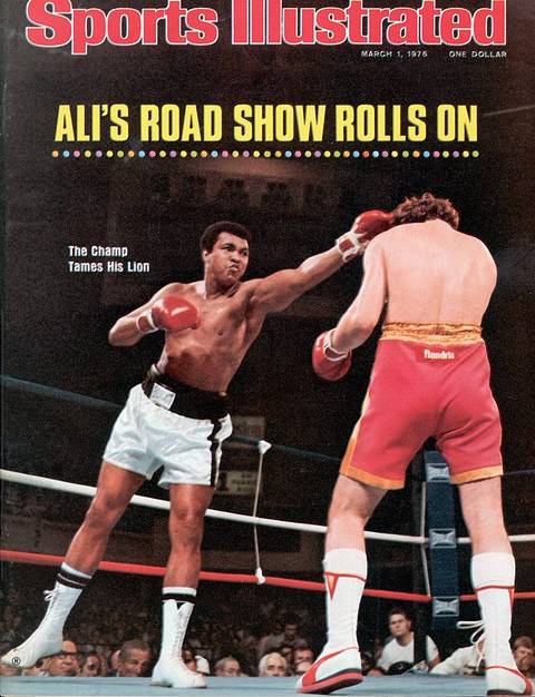SI cover, March 1, 1976: "Ali's Road Show Rolls On." Ali throws a left at Belgian challenger Jean-Pierre Coopman, in red trunks; the caption reads "The Champ Tames His Lion."