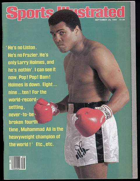SI cover, September 29, 1980: Ali, in white trunks with a bee logo, poses in a fighting stance beside his quote predicting he will knock out Larry Holmes to become heavyweight champion for a record fourth time.