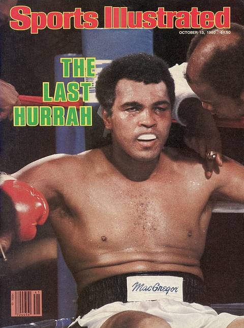 SI cover, October 13, 1980: "The Last Hurrah." A weary, swollen-eyed Ali slumps on his corner stool with his mouthguard in as a trainer leans over him.