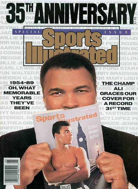 SI 35th Anniversary Special Issue cover, 1989: "The Champ: Ali graces our cover for a record 31st time." Ali, in a suit, holds up his 1963 "Cassius Invades Britain" cover in front of a backdrop of famous athletes' names.
