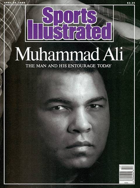 SI cover, April 25, 1988: "Muhammad Ali: The Man and His Entourage Today." A black-and-white close-up portrait of an older Ali looking into the camera.