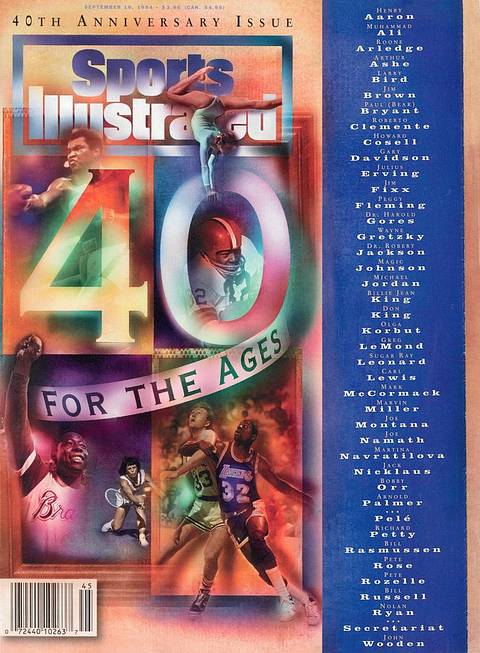 SI 40th Anniversary Issue cover, September 19, 1994: "40 for the Ages." A colorful collage of sports figures, including Ali in the upper left, beside a column of 40 names that includes Muhammad Ali.