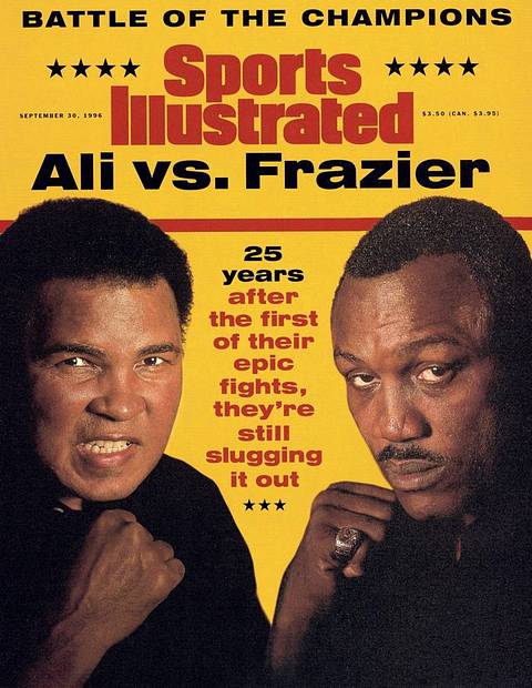 SI cover, September 30, 1996: "Battle of the Champions: Ali vs. Frazier." An older Ali and Joe Frazier face each other with fists raised; "25 years after the first of their epic fights, they're still slugging it out."