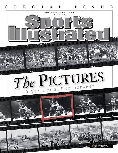 SI 50th Anniversary Special Issue cover, April 26, 2004: "The Pictures: 50 Years of SI Photography." Black-and-white contact sheets, with one frame of Ali standing over a fallen opponent circled in red.