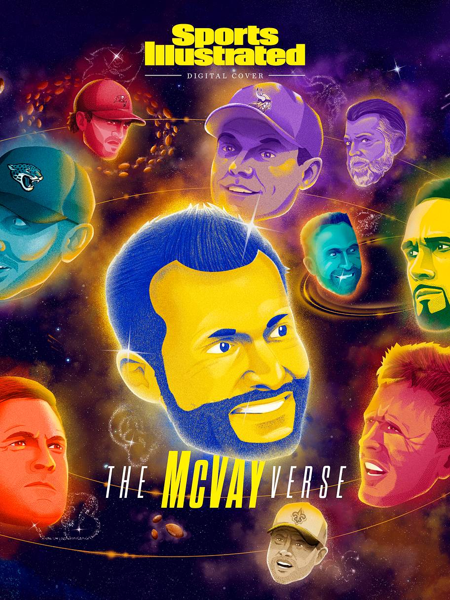 An illustration of coaches orbiting around Sean McVay.
